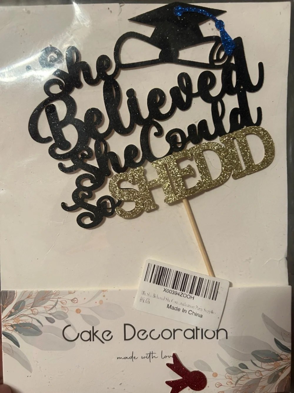 Graduation Cake Topper - Black and Gold 'She Believed She Could So She Did'